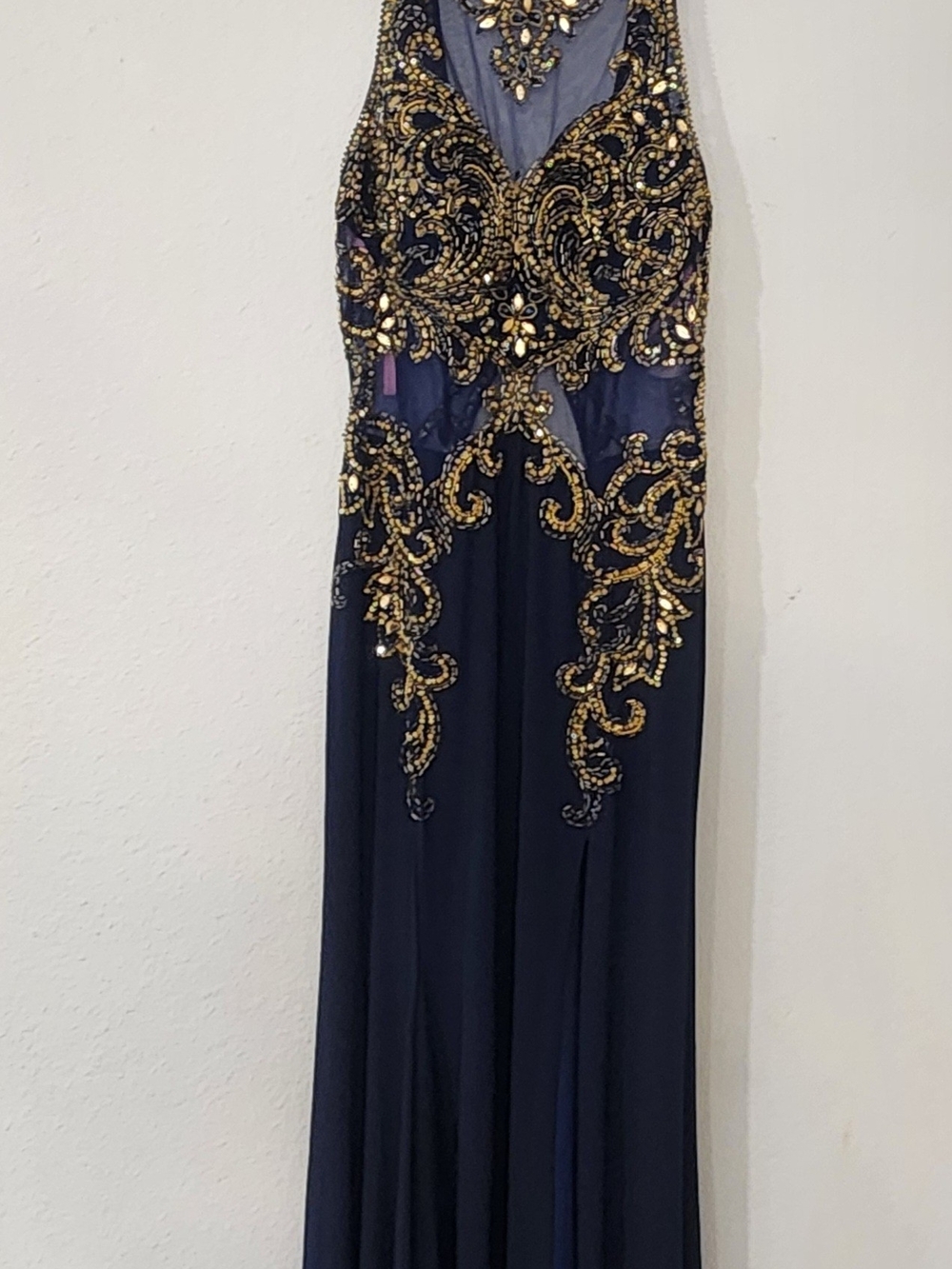 Blush Navy Gown with Gold Beaded Embellishment